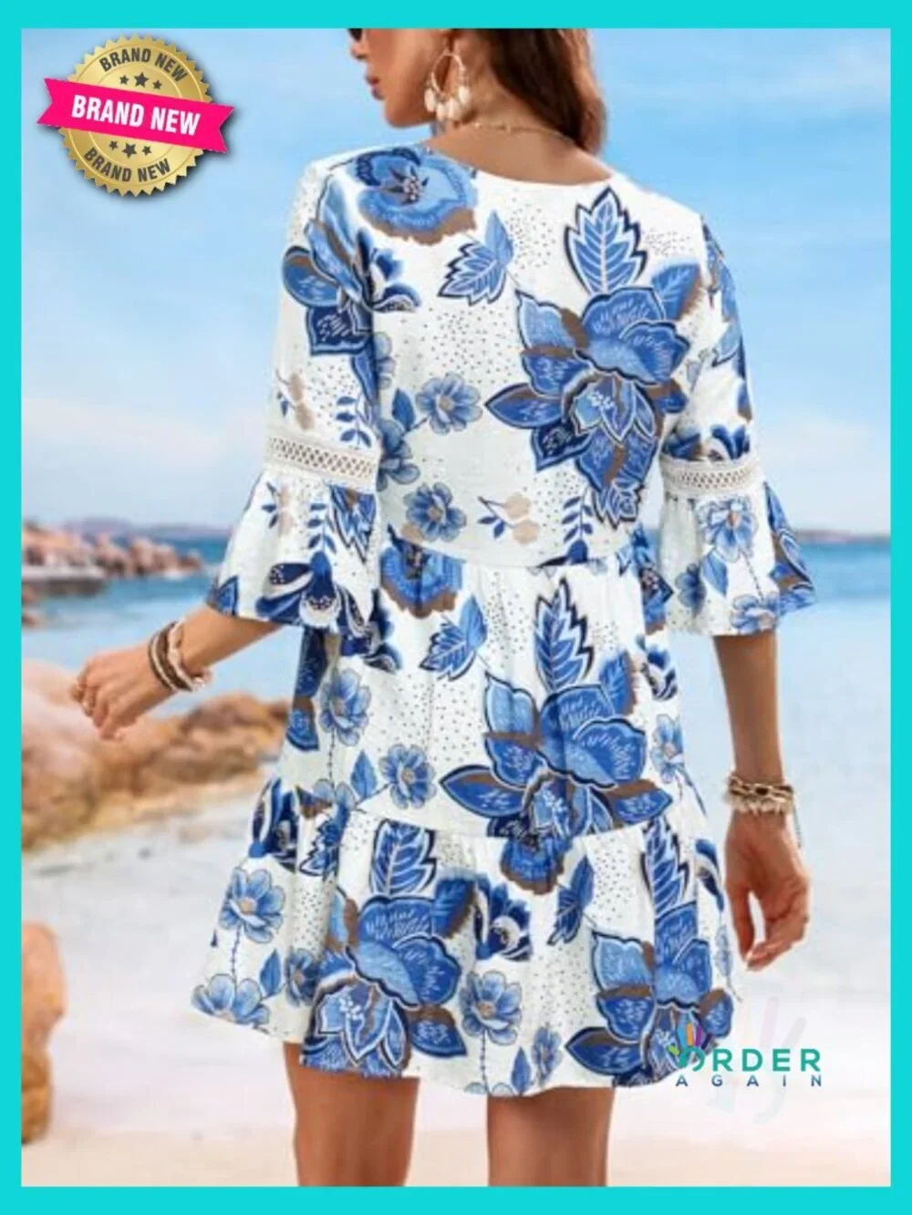 V Neck Lace Trim Mini Summer Dress Cover Up 3/4 Sleeve Ruffled Cuff Casual